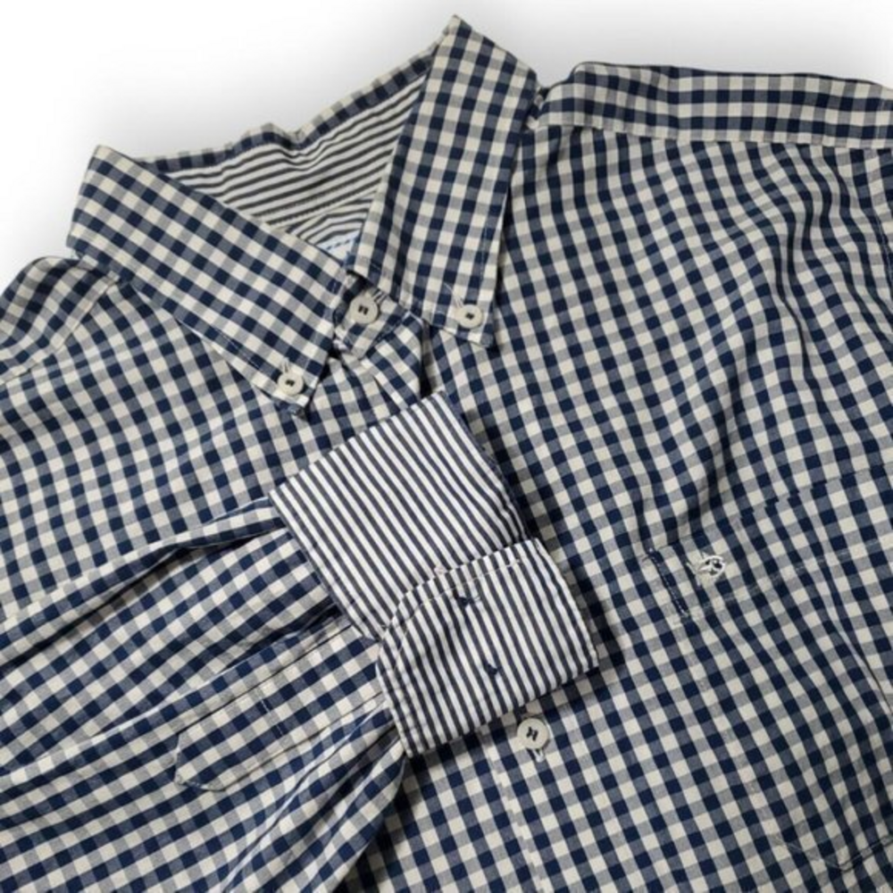 Southern Tide Men's Medium Trim Fit Blue White Checkered Shirt Striped Flip Cuff